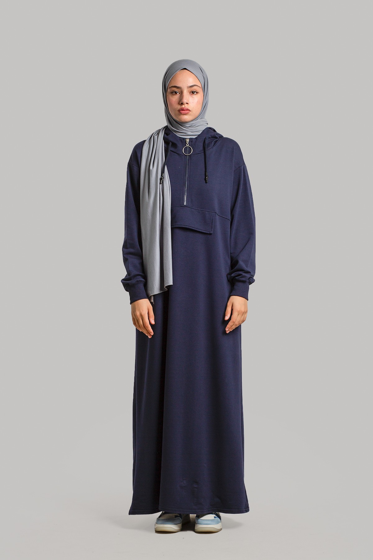 Hooded Knitted Dress - Navy Blue