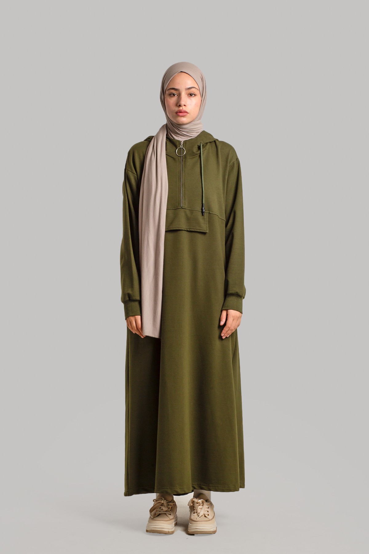 Hooded Knitted Dress - Khaki