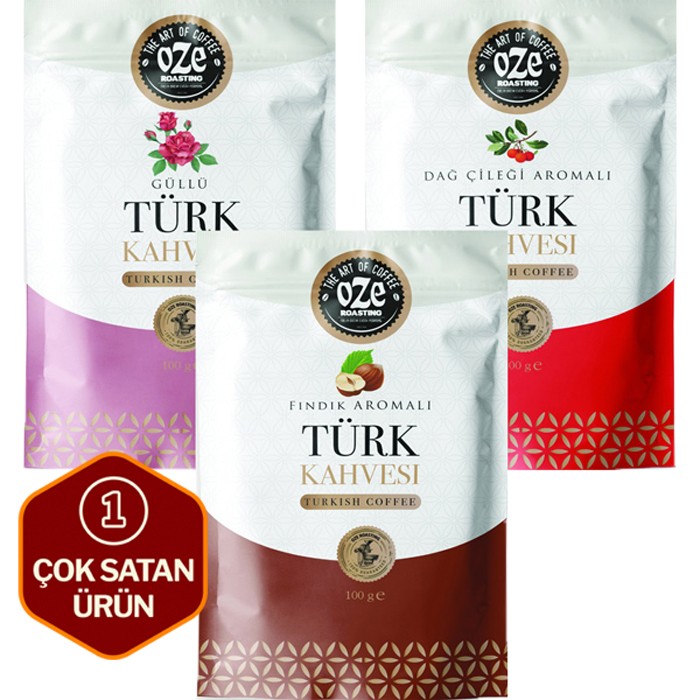 Aromalı Türk Kahvesi Seti Dağ Çilekli, Güllü, Fındıklı 3'lü 100G