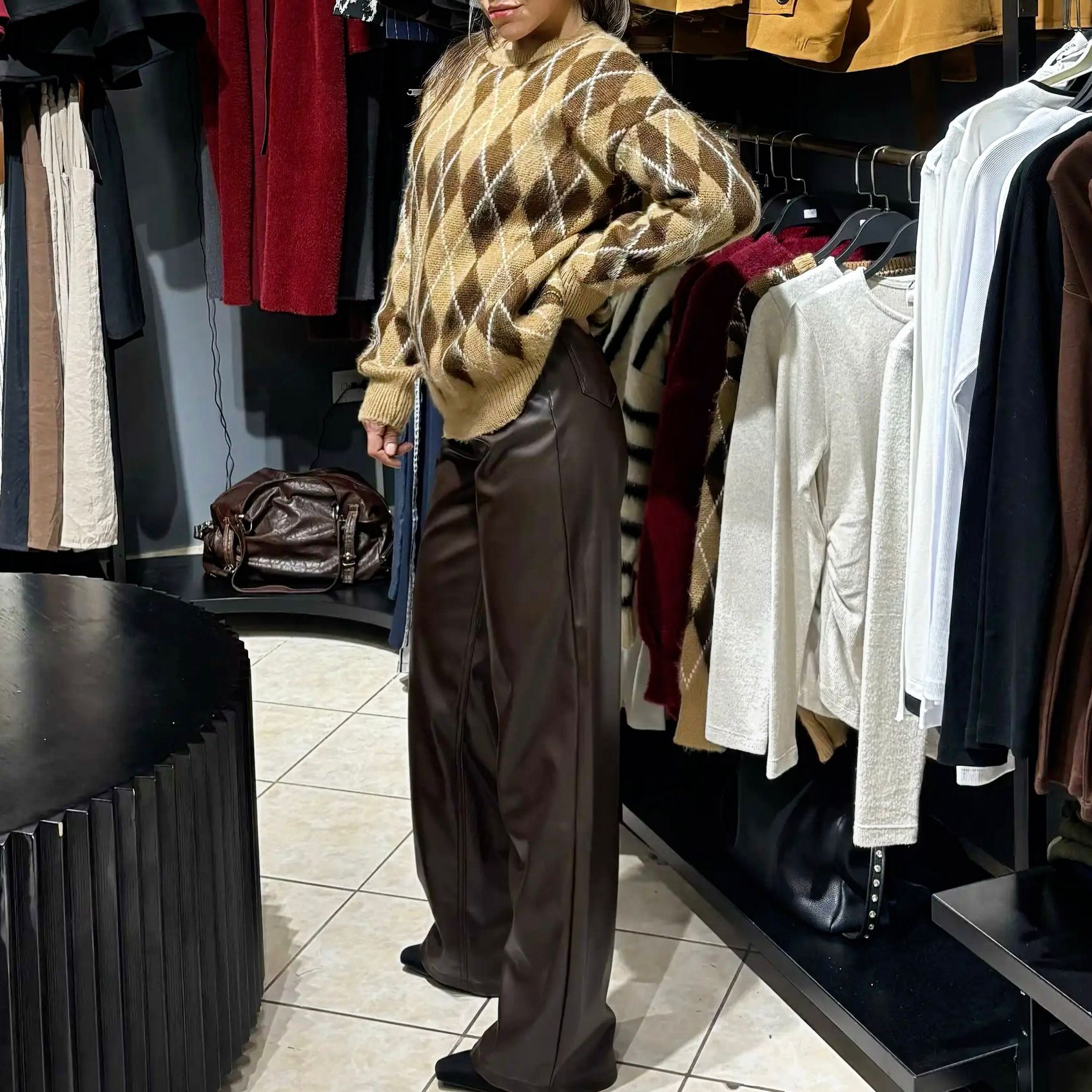 Deri Yüksek Bel  Straight Leg Pantolon