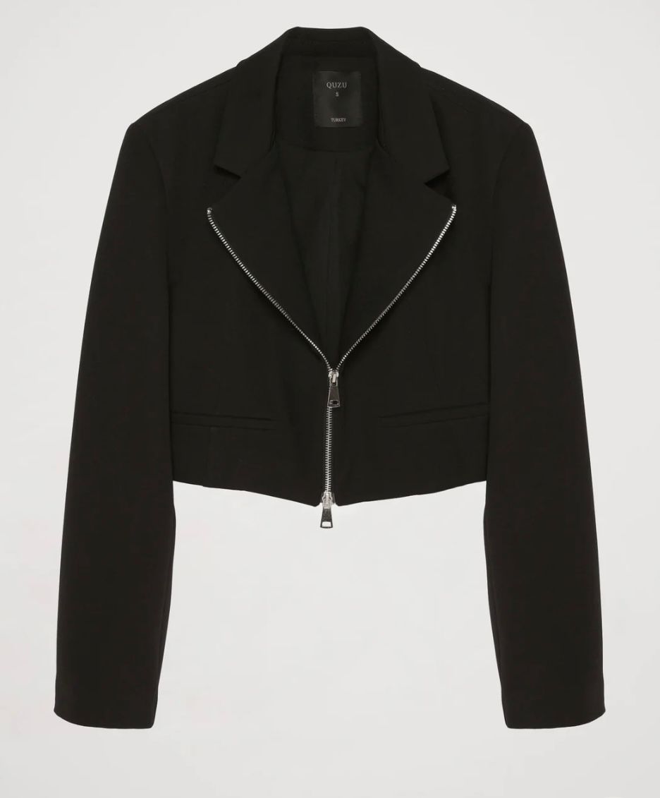 Önü Fermuarlı Crop Blazer Ceket