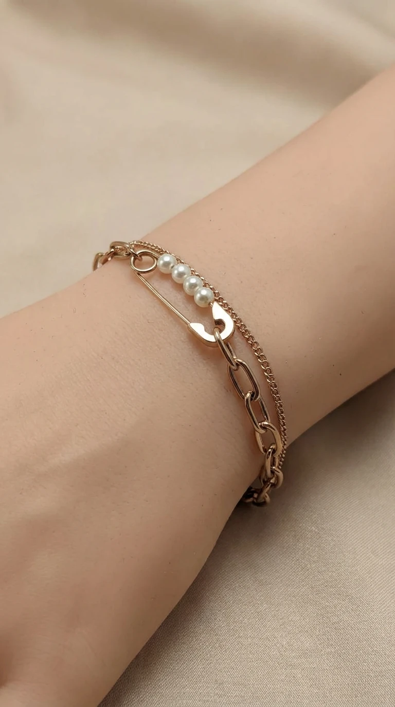 İncili İğne Detaylı Çoklu Zincir Çelik Bileklik