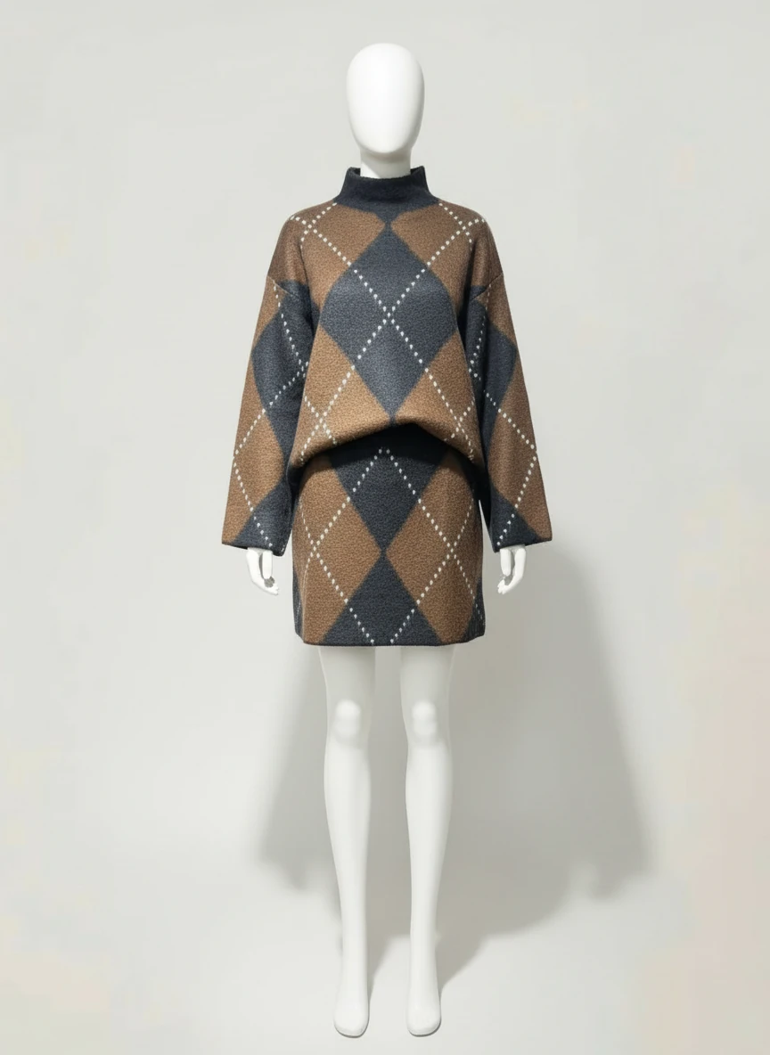 Balıkçı Yaka Baklava Desen Kazak Etek Takım