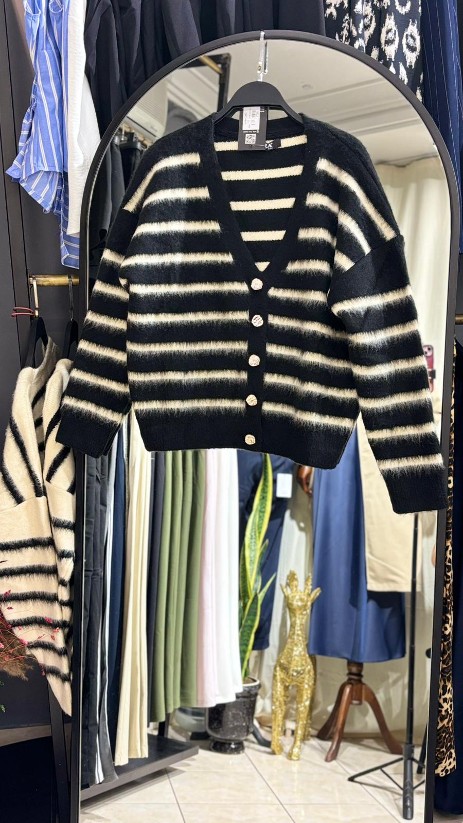 Çizgili Peluş Hırka - SİYAH