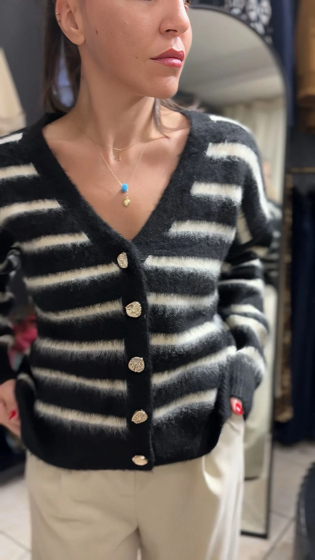 Çizgili Peluş Hırka - SİYAH