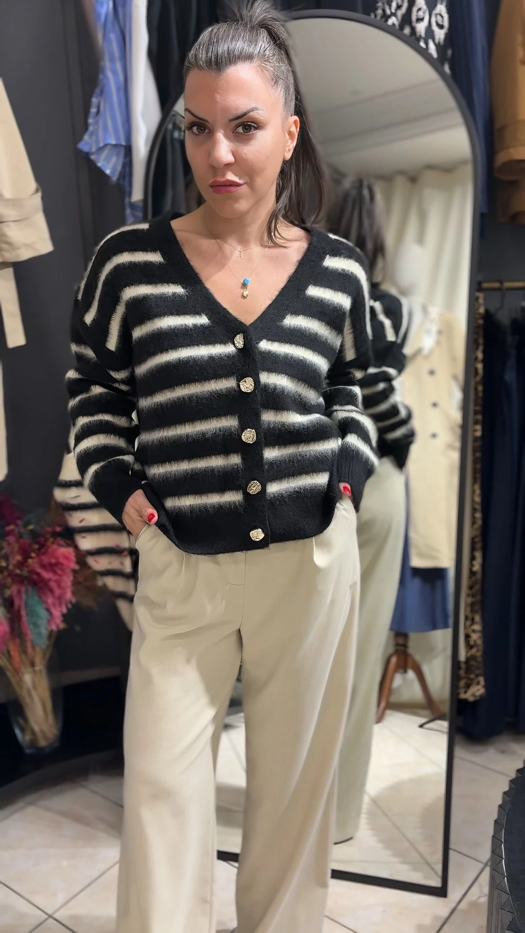 Çizgili Peluş Hırka - SİYAH