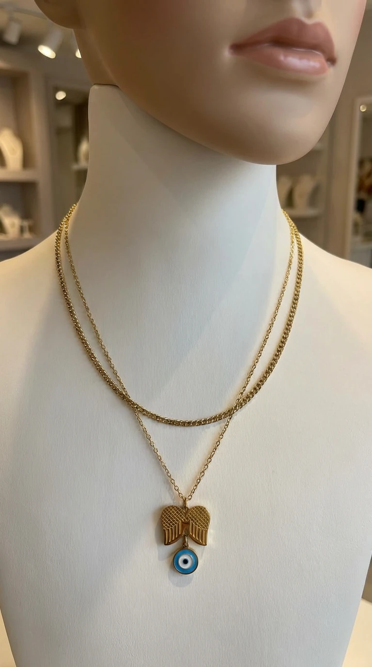 Çift Zincir Melek Kanatlı Kolye - Çelik