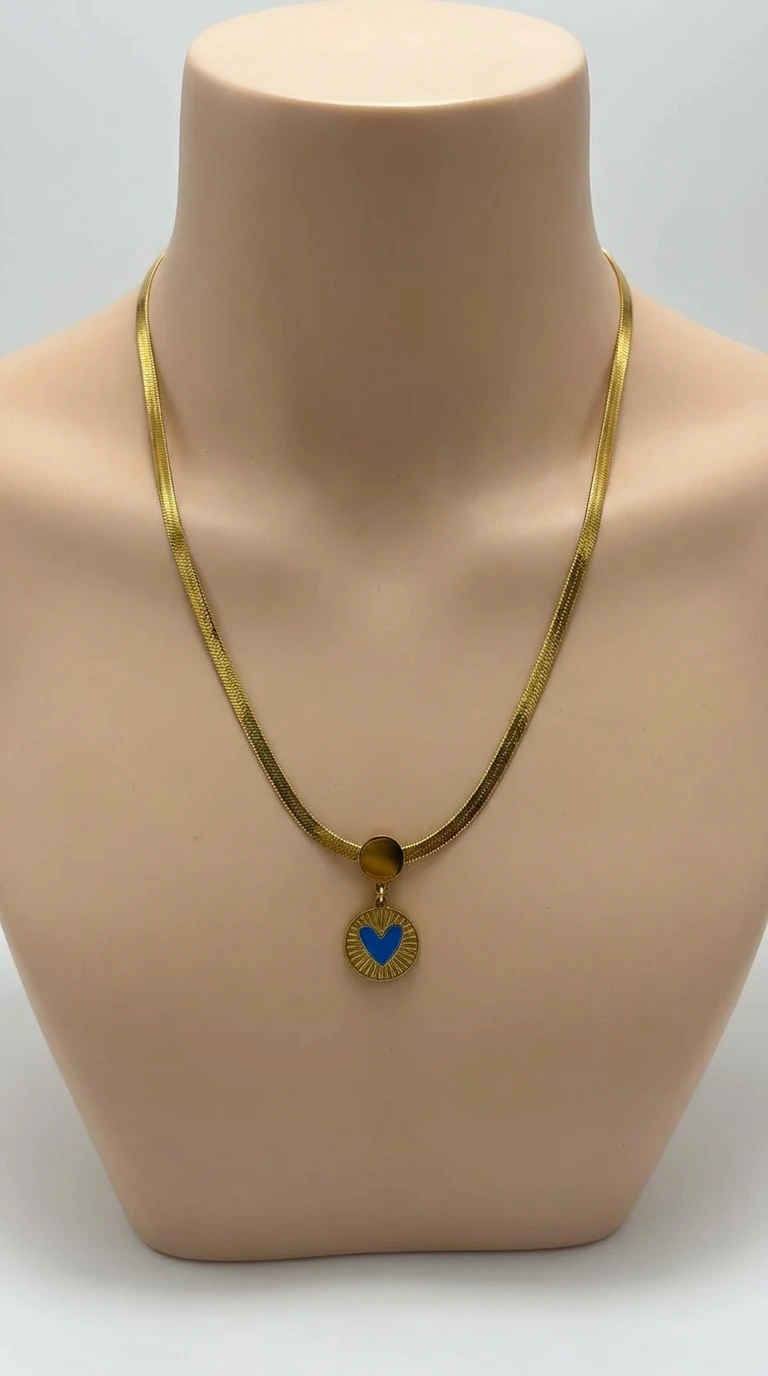 Yassı Yılan Zincir Mavi Kalp Uçlu  Çelik Kolye 