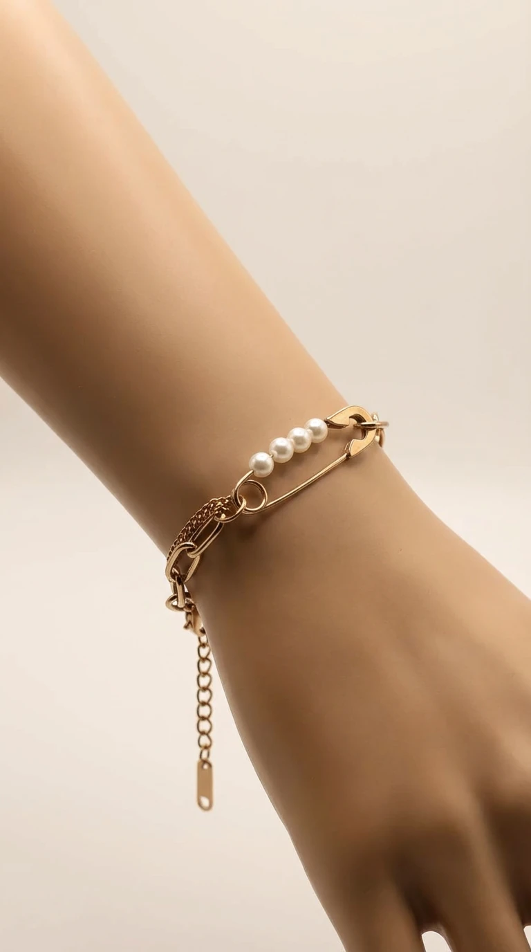 İncili İğne Detaylı Çoklu Zincir Çelik Bileklik