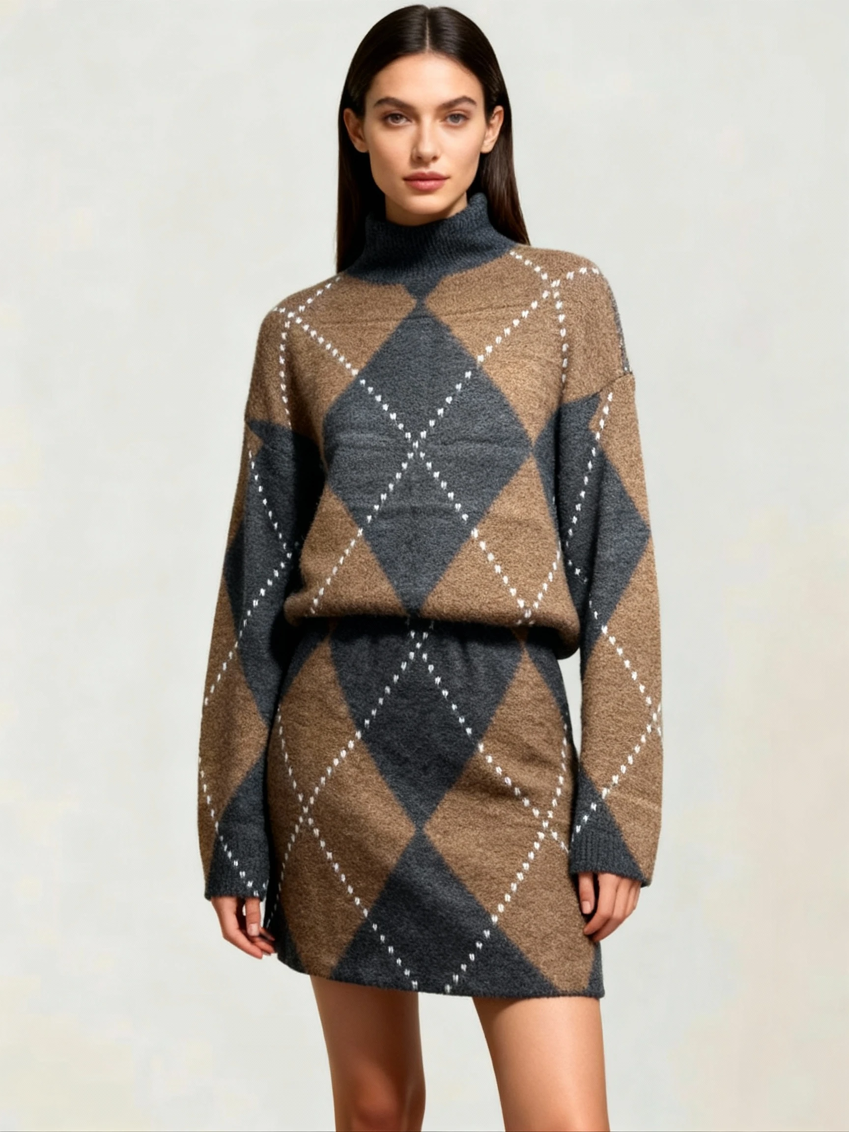 Balıkçı Yaka Baklava Desen Kazak Etek Takım