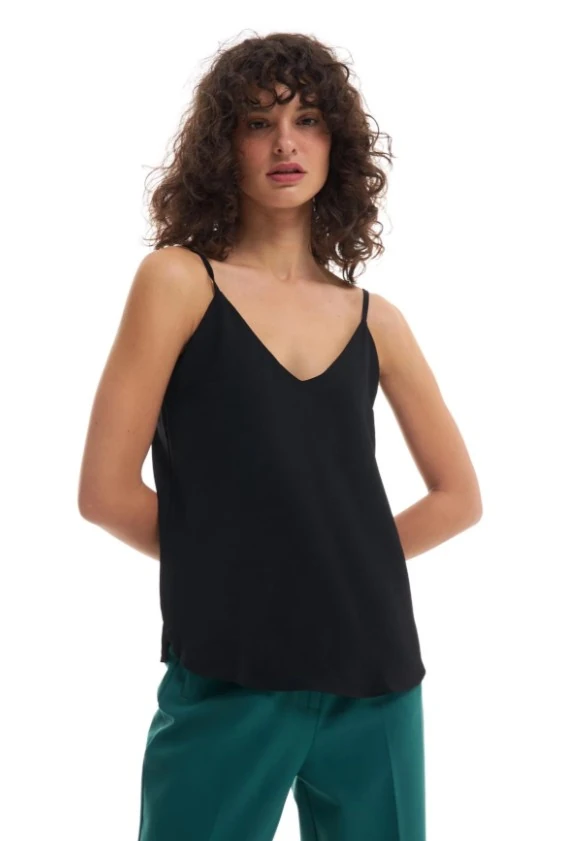 ASKILI V YAKA BLUZ - SİYAH