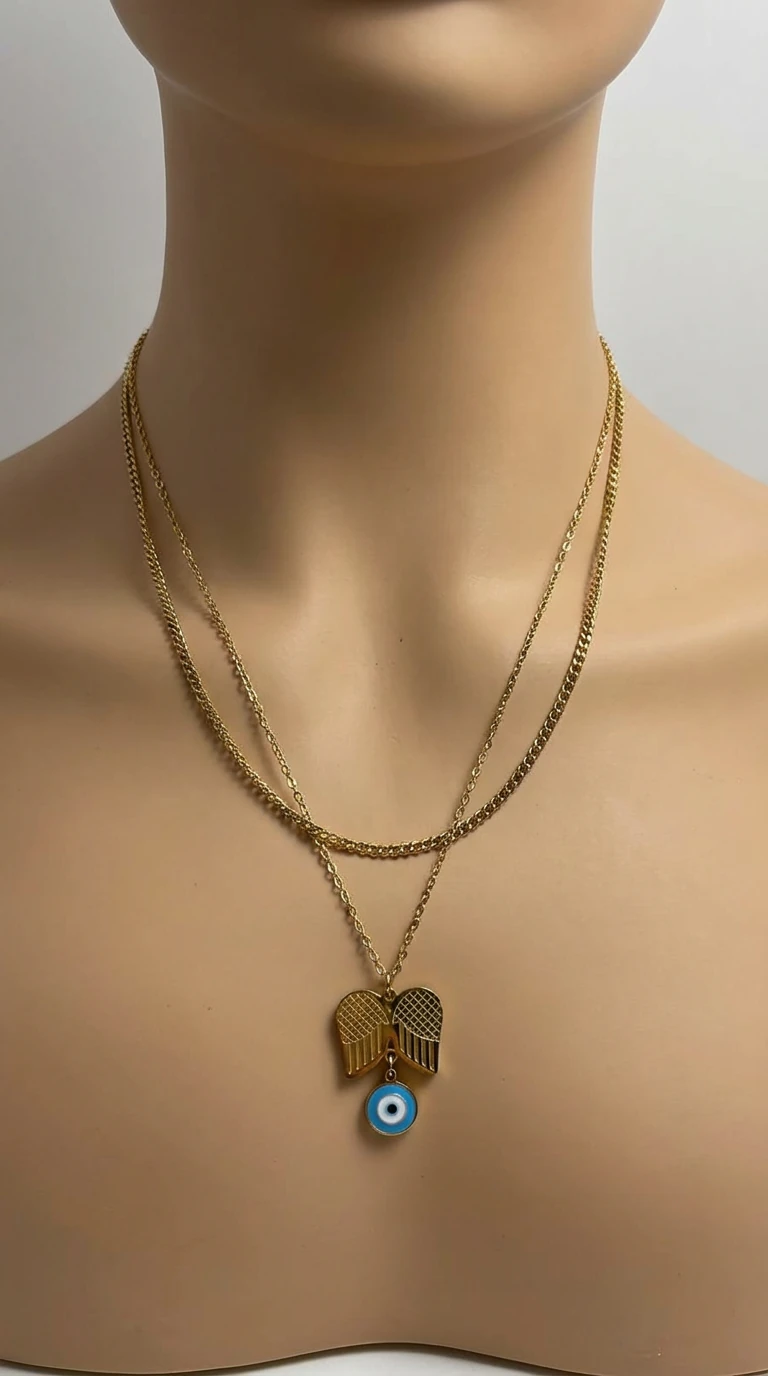 Çift Zincir Melek Kanatlı Kolye - Çelik