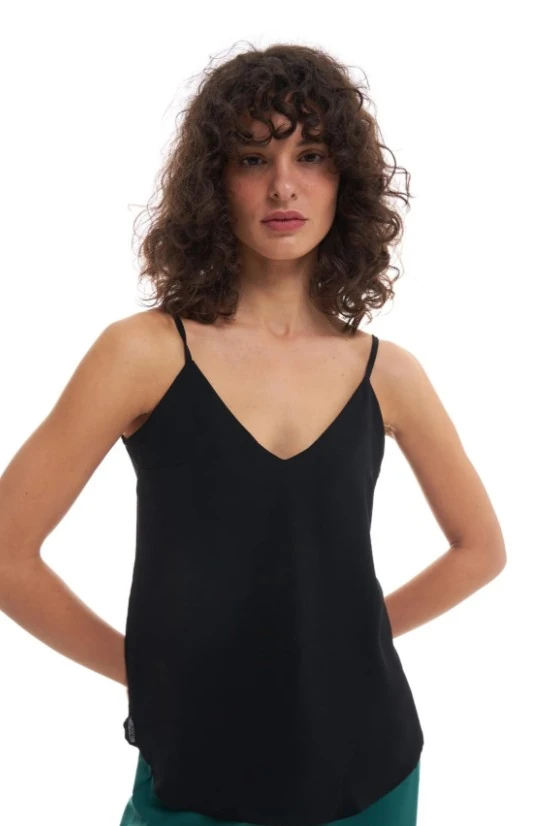 ASKILI V YAKA BLUZ - SİYAH