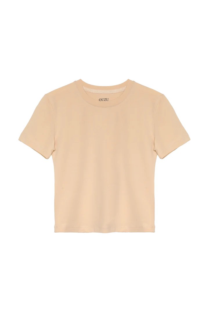  DİKİŞLİ CROP BASİC TSHİRT - PEMBE