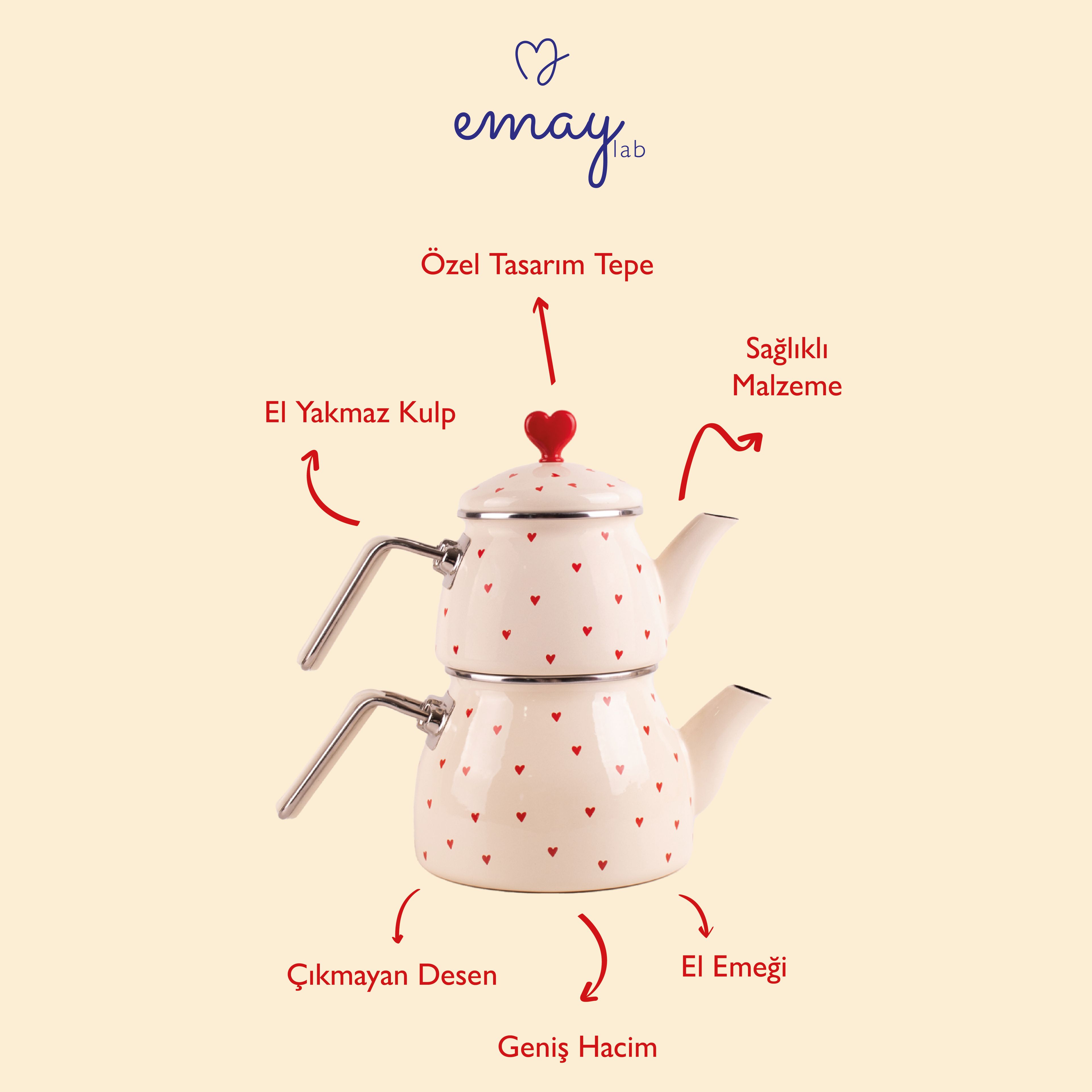 Cupid Emaye Çaydanlık (Özel Zamak Tepeli, El Yakmayan Kulplu)