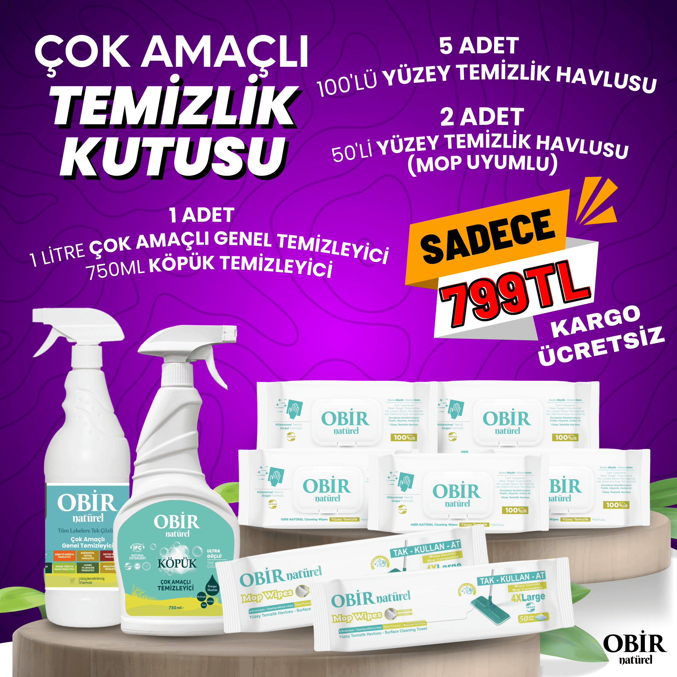 Obir Natürel Çok Amaçlı Temizlik Kutusu – 1 L Genel Temizleyici, 750 ml Köpük & 600’lü Yüzey Havlusu