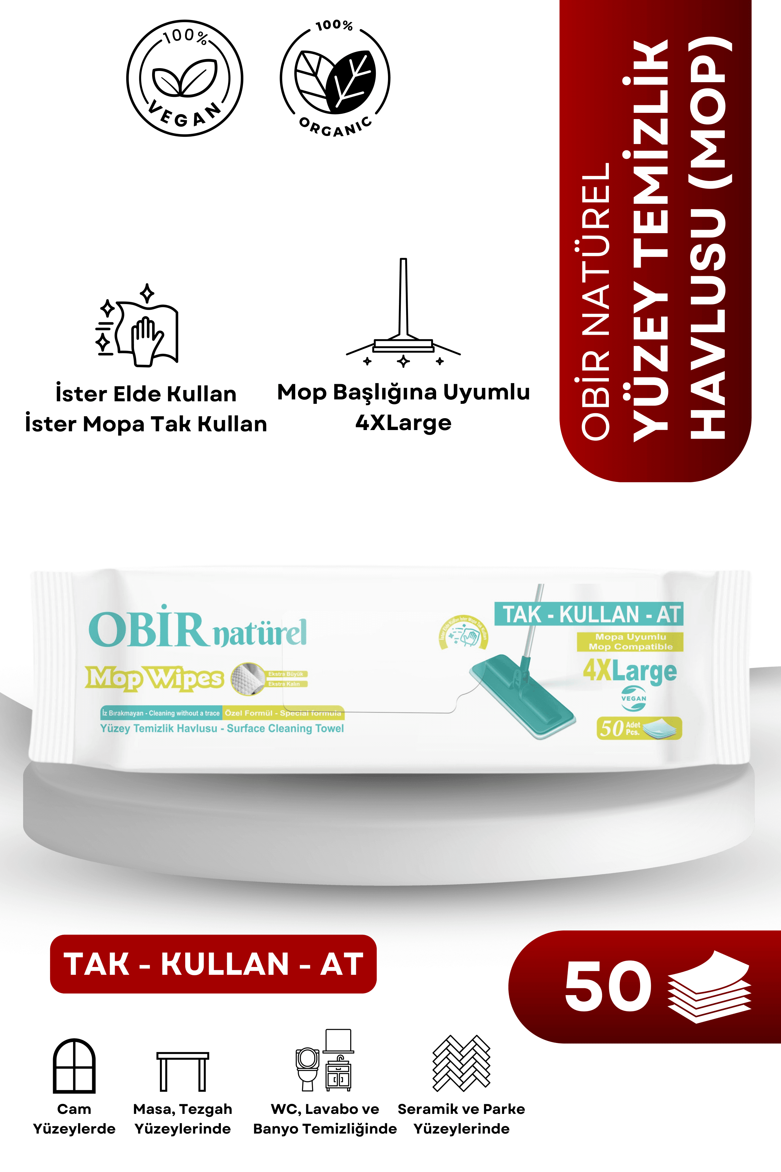 Obir Natürel Yüzey Temizlik Mendili - Mop Başlığına Uyumlu (50'li Paket)