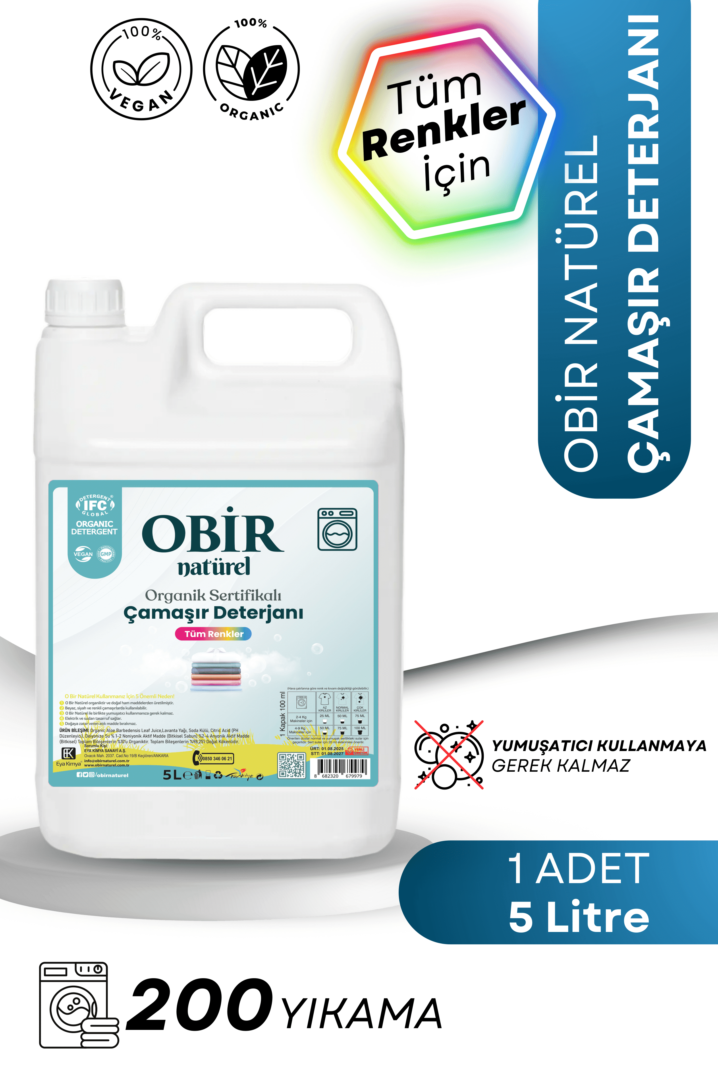 Obir Naturel 5 LT Organik Çamaşır Deterjanı (Yumuşatıcı Gerektirmeyen, Tüm Renkler İçin Uzun Ömürlü Temizlik)