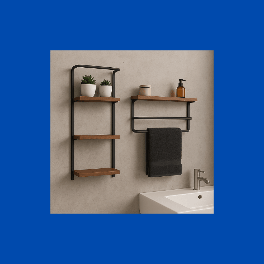 Metal ve ahşap kombinasyonu ile banyo ve mutfak rafı, havluluk 
