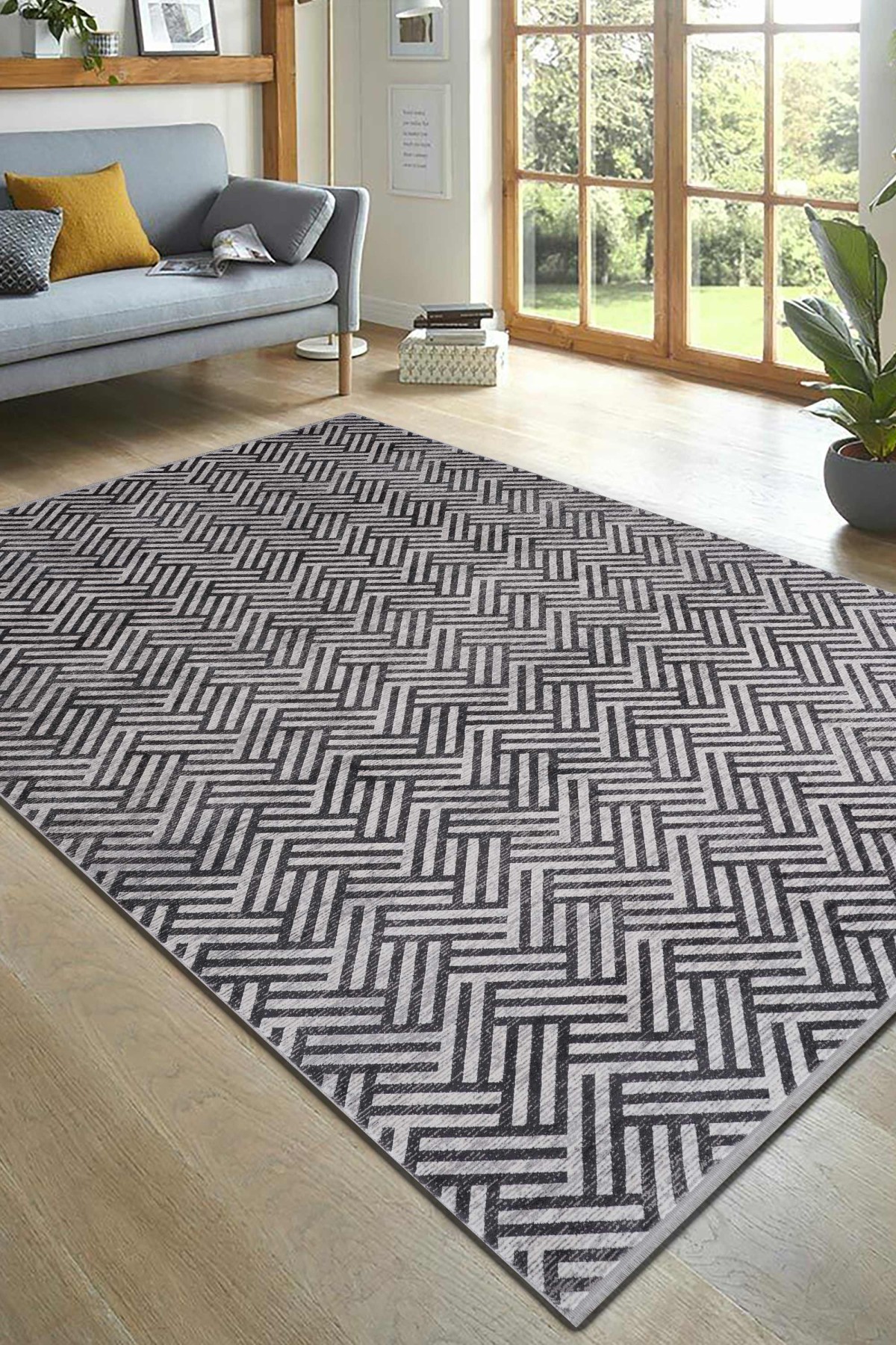 Riva 8718 Antrasit Geometrik Desenli Modern Bambu Halı