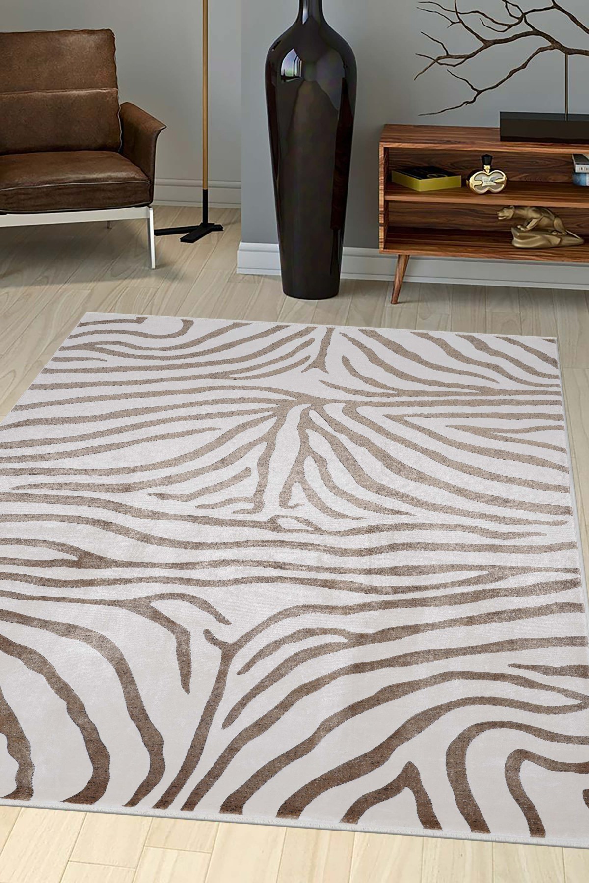 Riva 8725 Krem Zebra Desenli Modern Bambu Halı