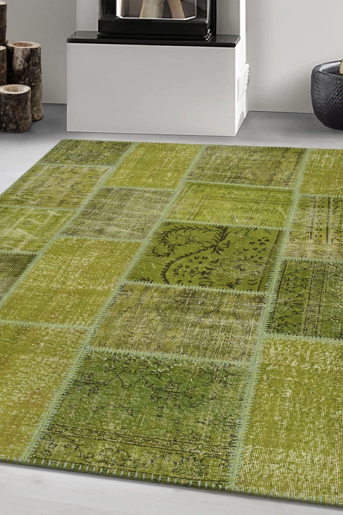Patchwork Yeşil Modern El Dokuma Halı