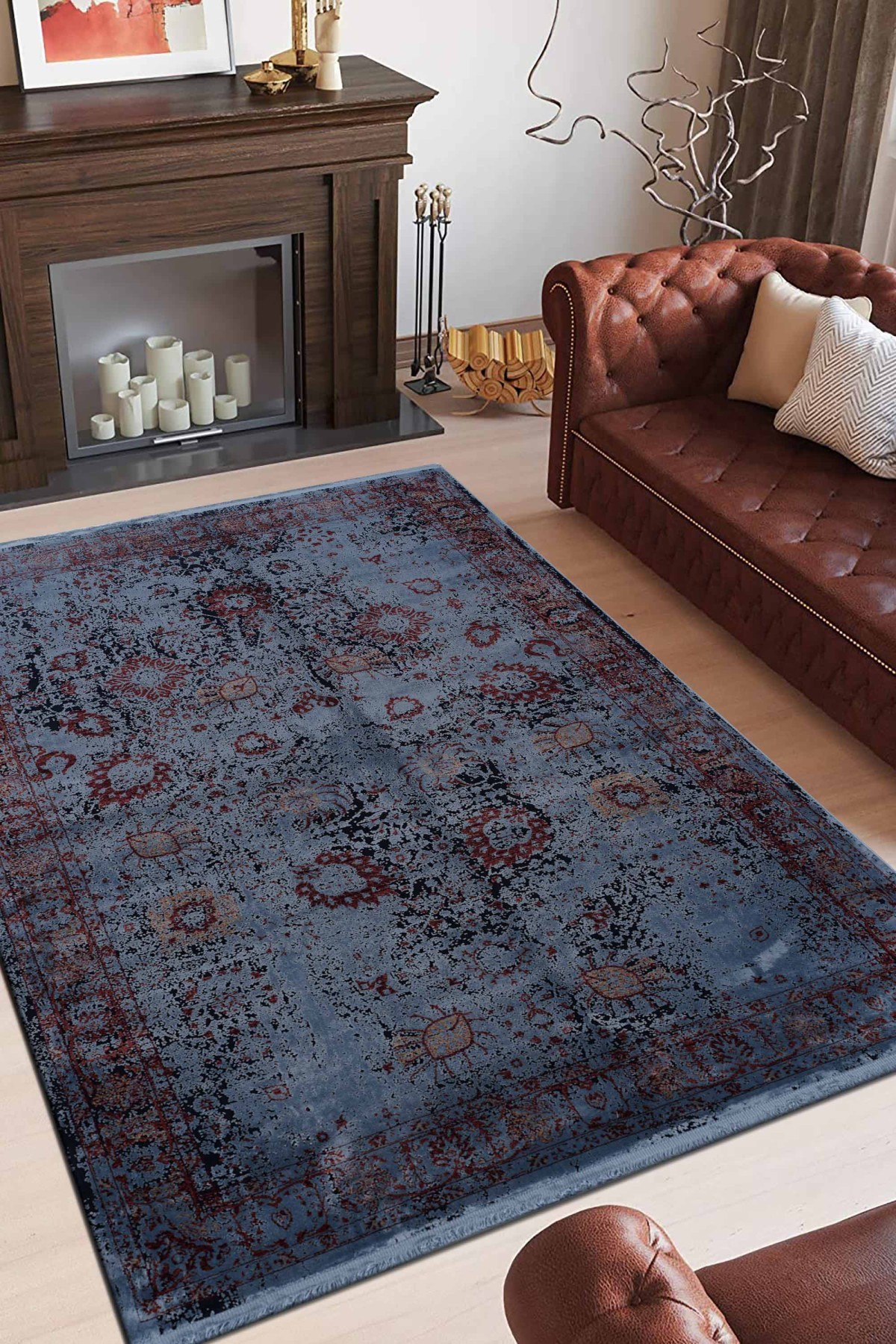 Gloria 6489A Mavi Etnik Desenli Bambu Halı