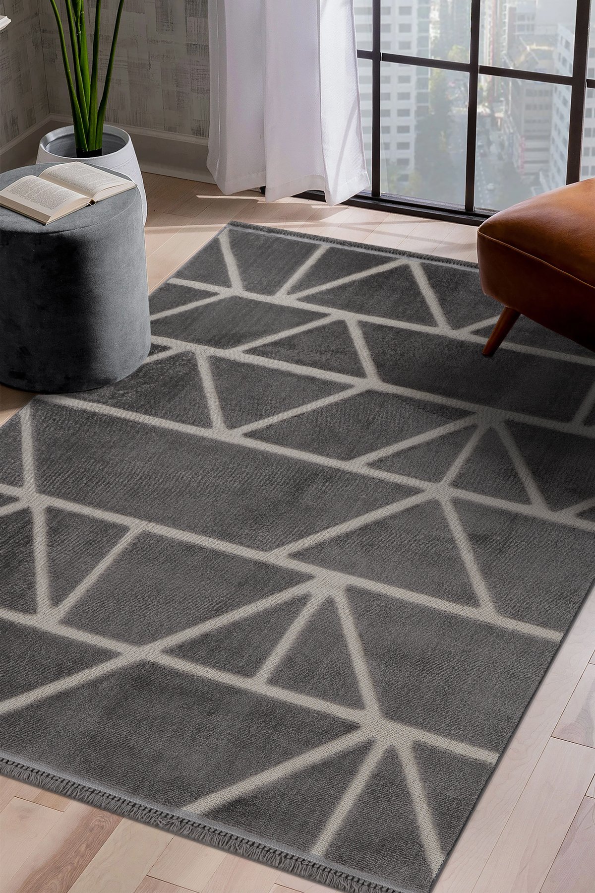Step 2210 Gri Geometrik Desenli Modern Kesme Halı