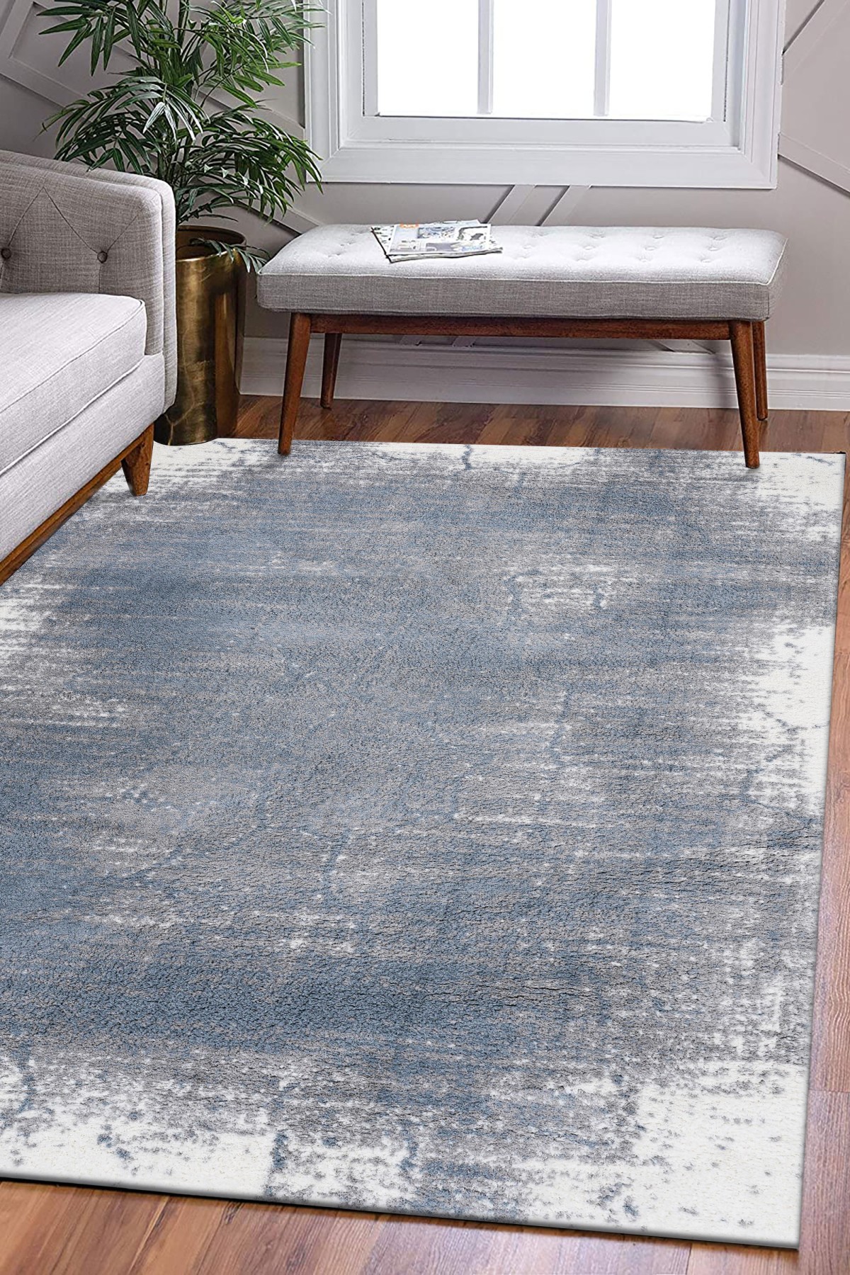 Lotus High 0201AA Mavi Eskitme Desenli Modern Halı