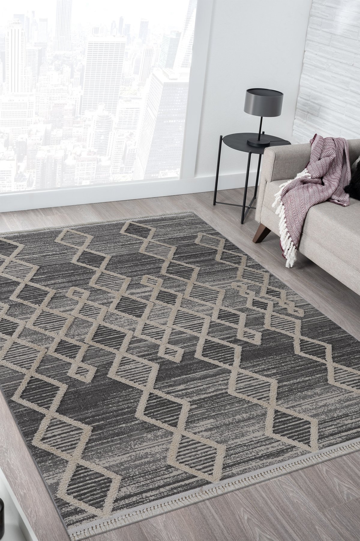 Step 2206 Gri Geometrik Desenli Kesme Halı