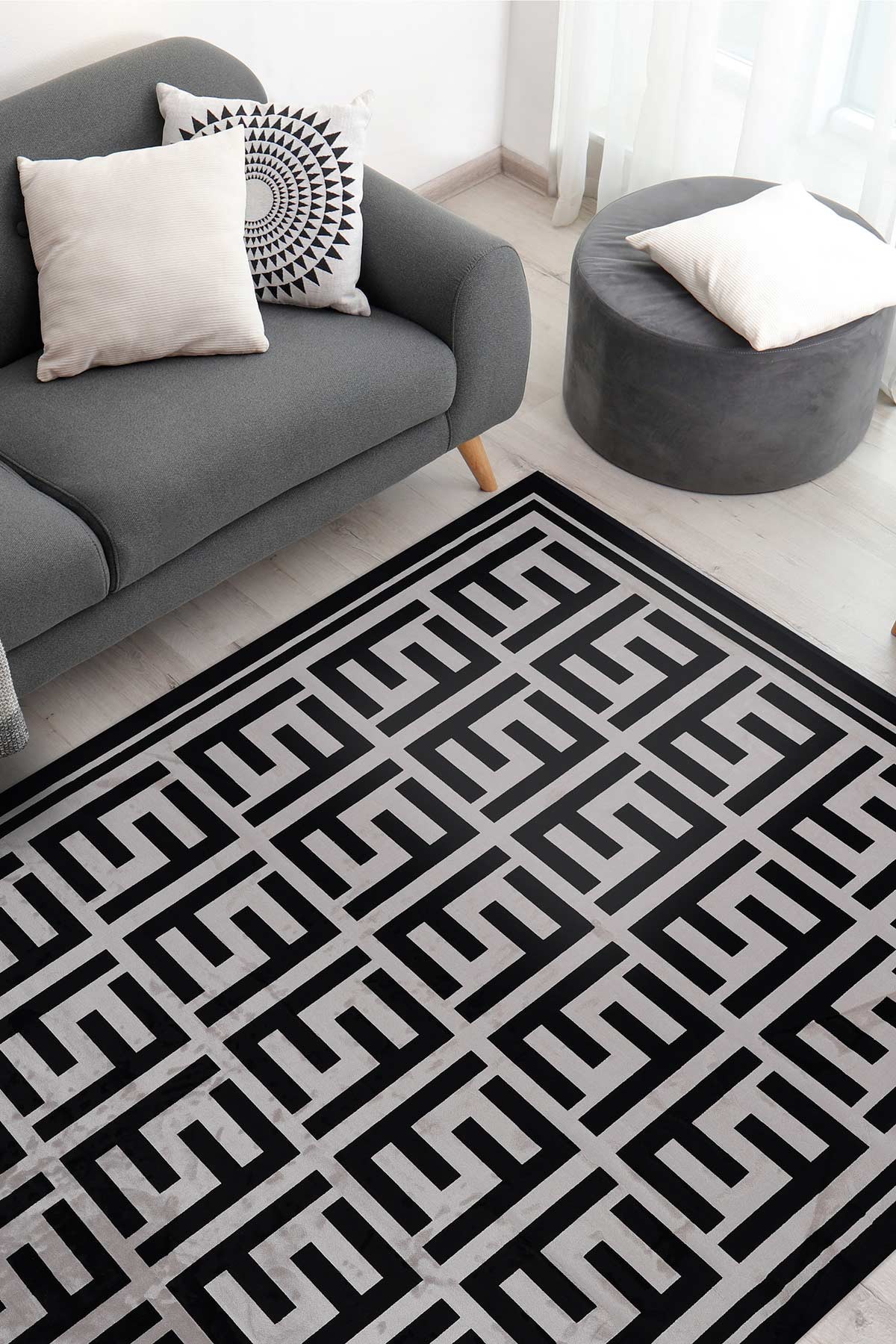 Riva 9361 Siyah Geometrik Desenli Bambu Halı