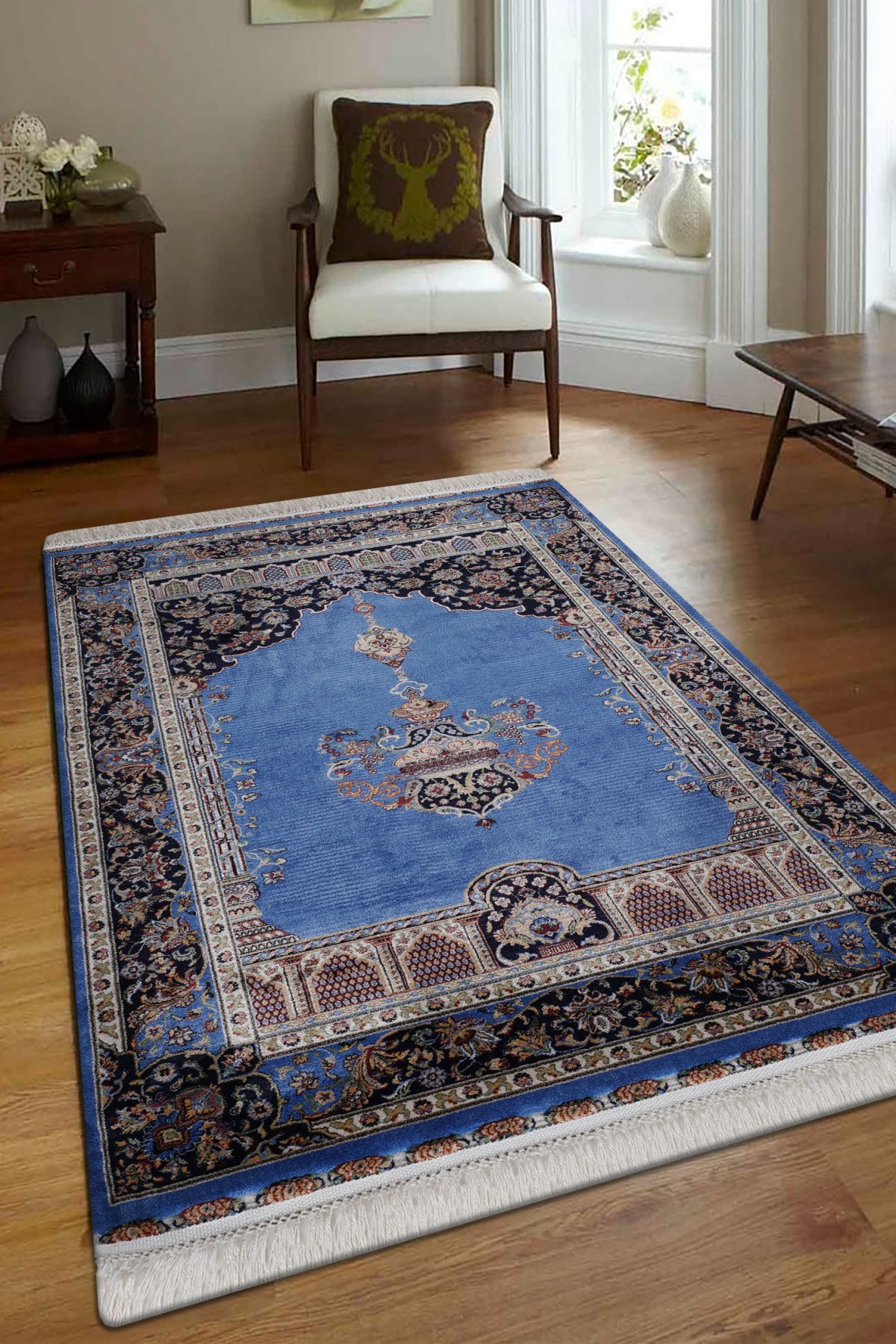 Anatolian Silk 34924 Mavi İpek Saçaklı Bambu Makine Halısı