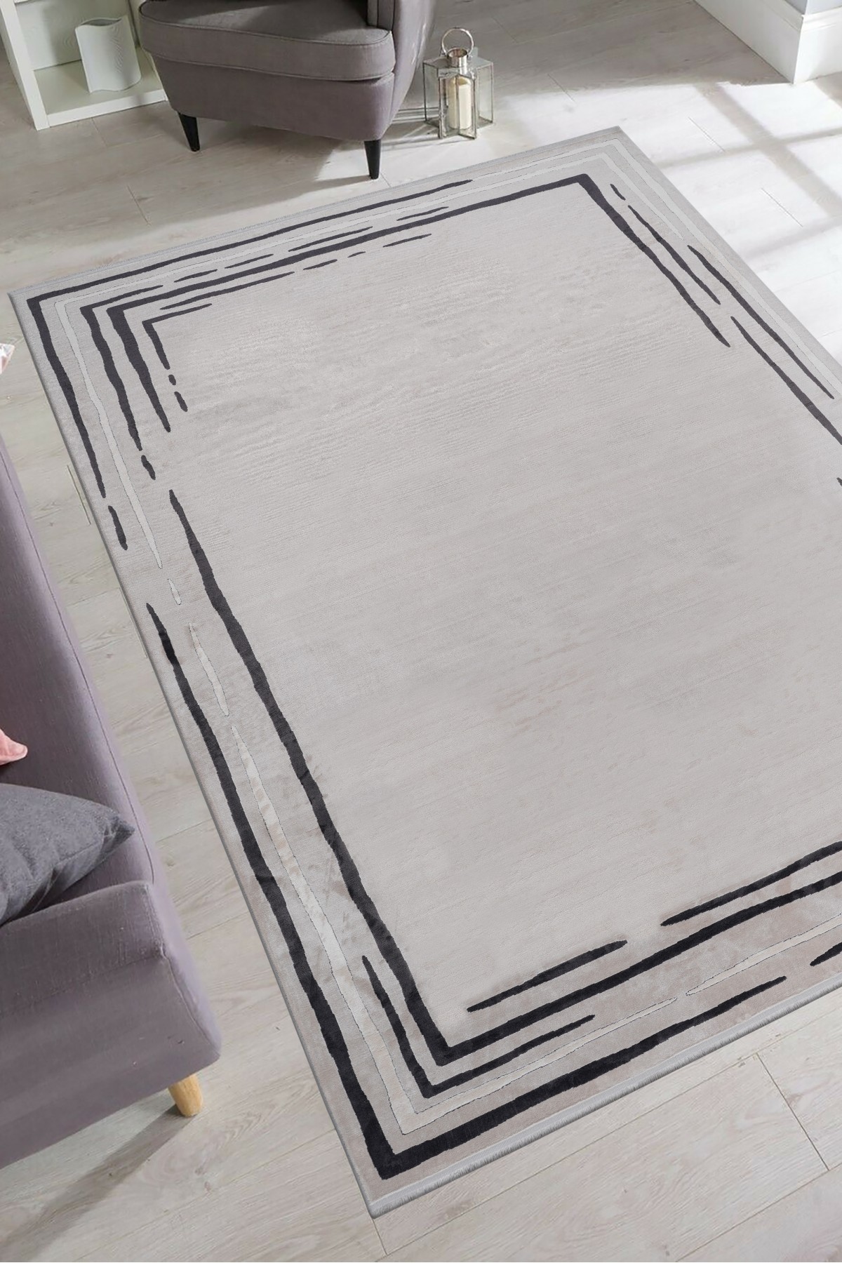 Riva 9259 Çizgili Çerçeveli Modern Bambu Halı