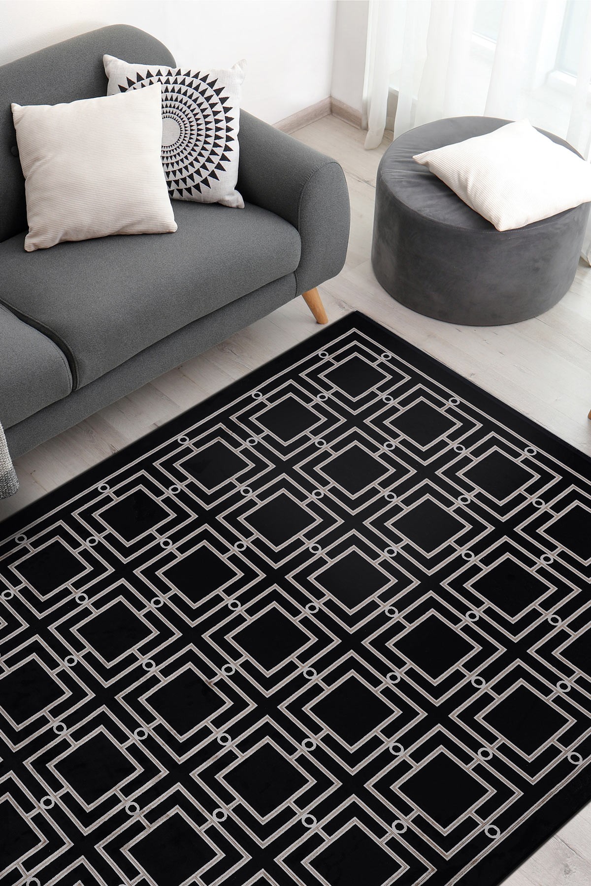 Riva 9349 Siyah Gold Geometrik Desenli Bambu Halı