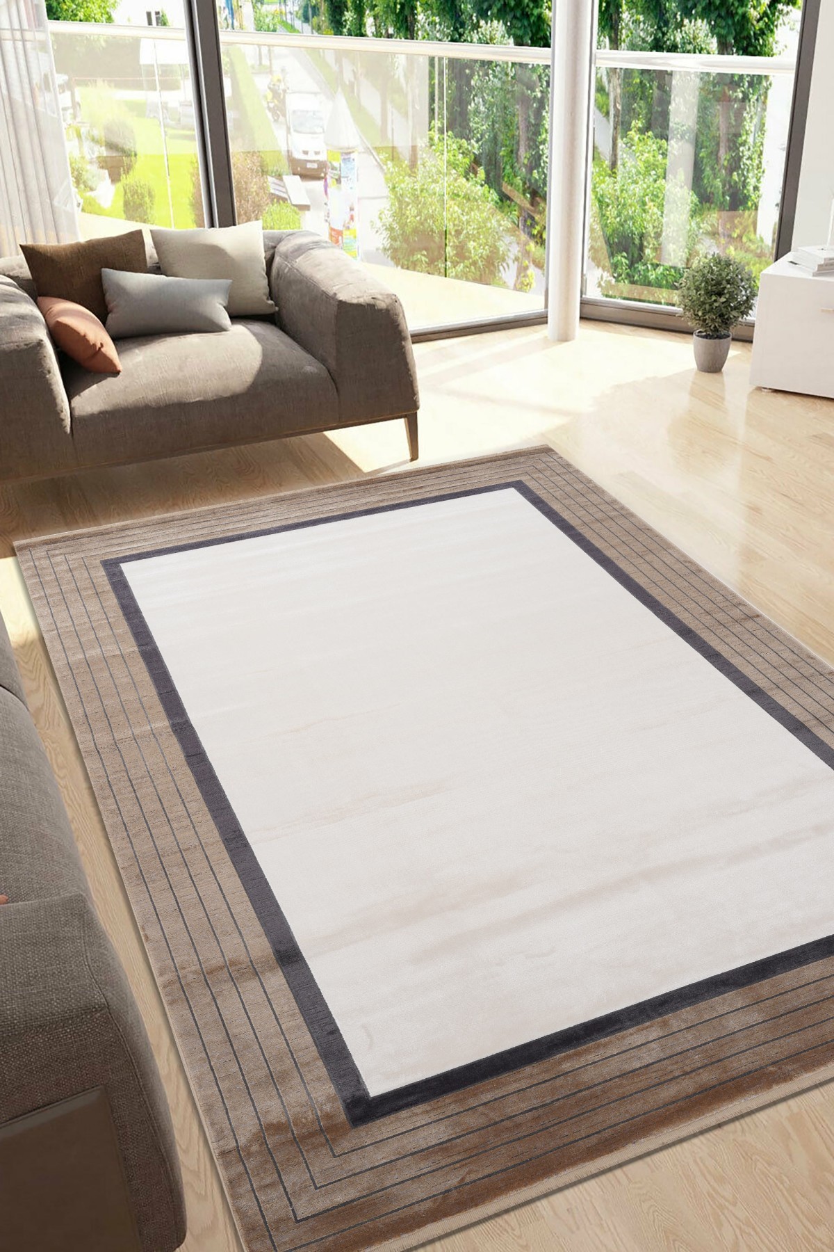 Riva 8727 Krem Modern Çerçeveli Bambu Halı