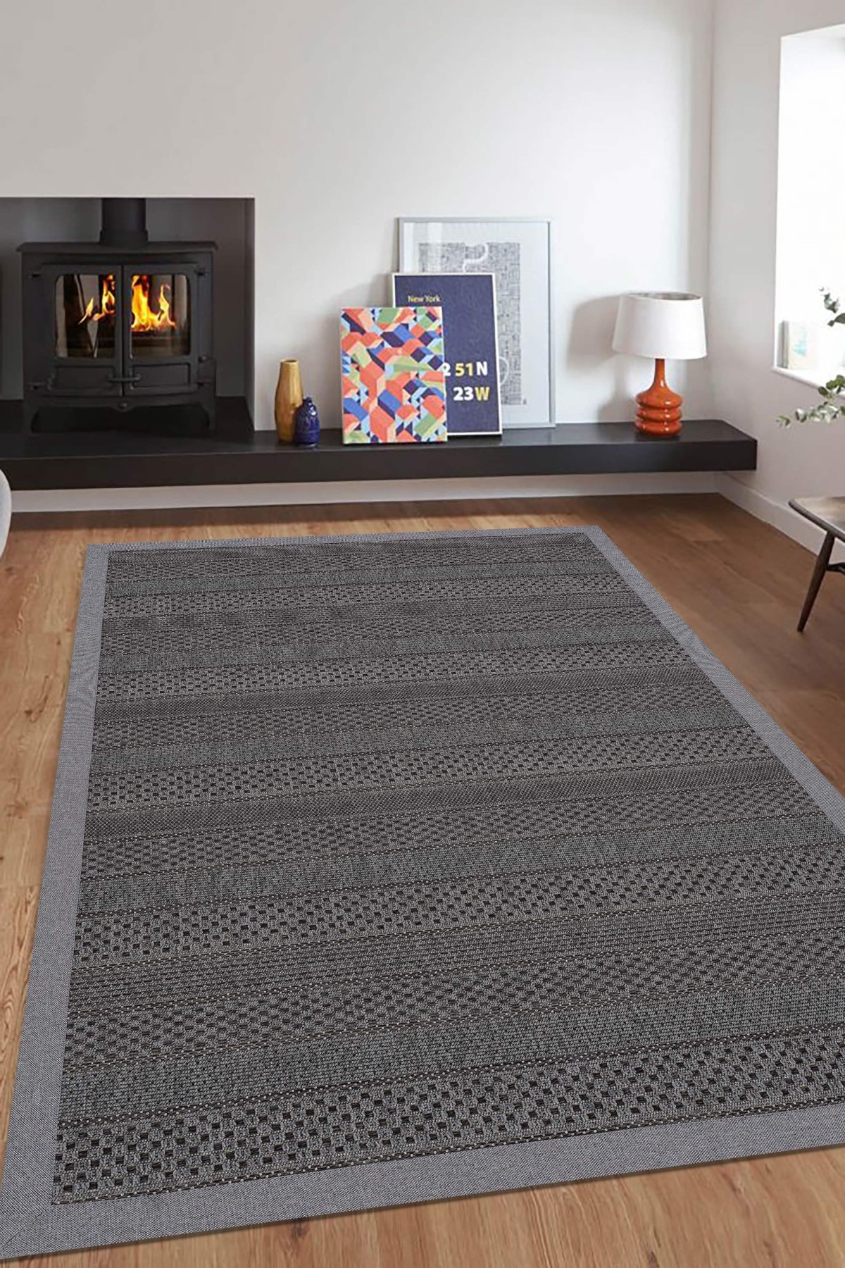 Sisal 4607 Gri Etnik Desenli Bordürlü Jüt Halı