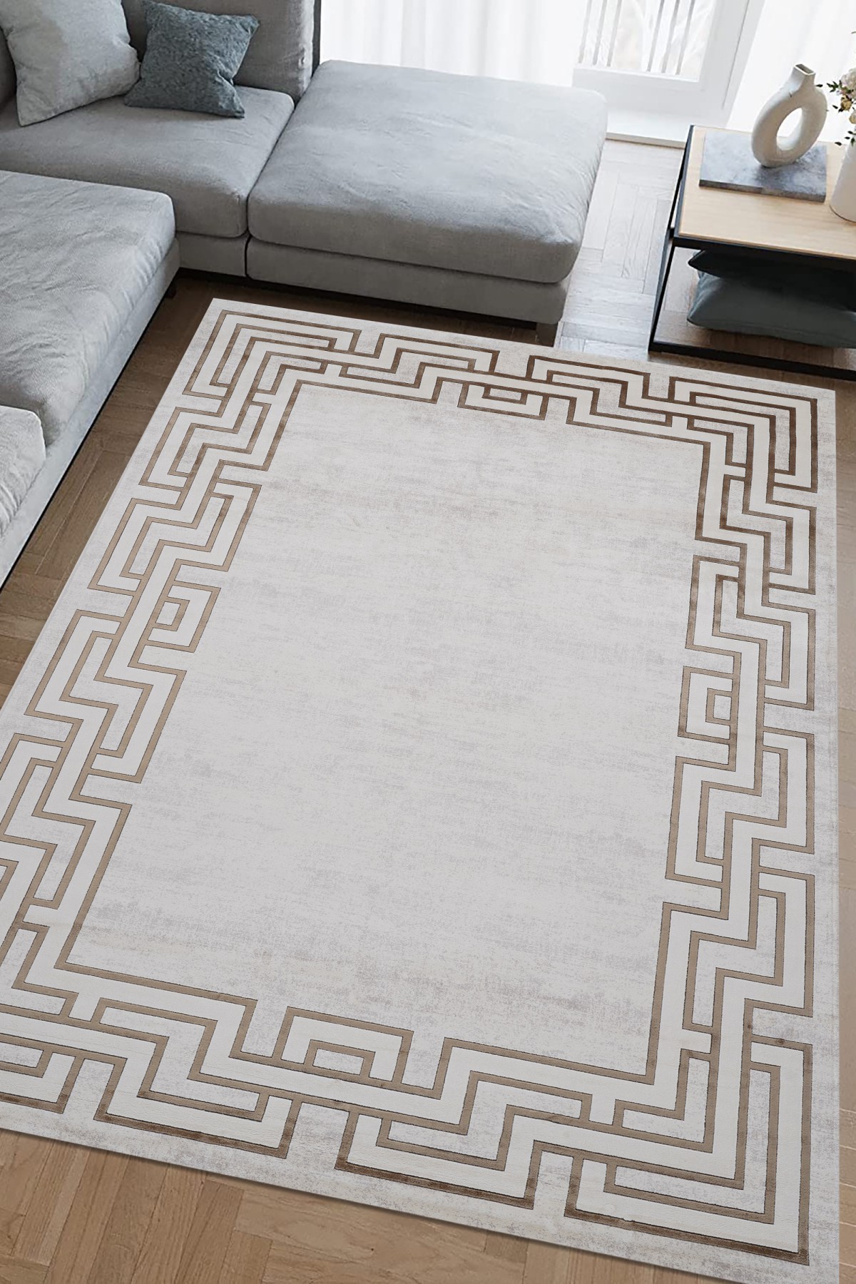 Riva 9221 Krem Geometrik Çerçeveli Bambu Halı