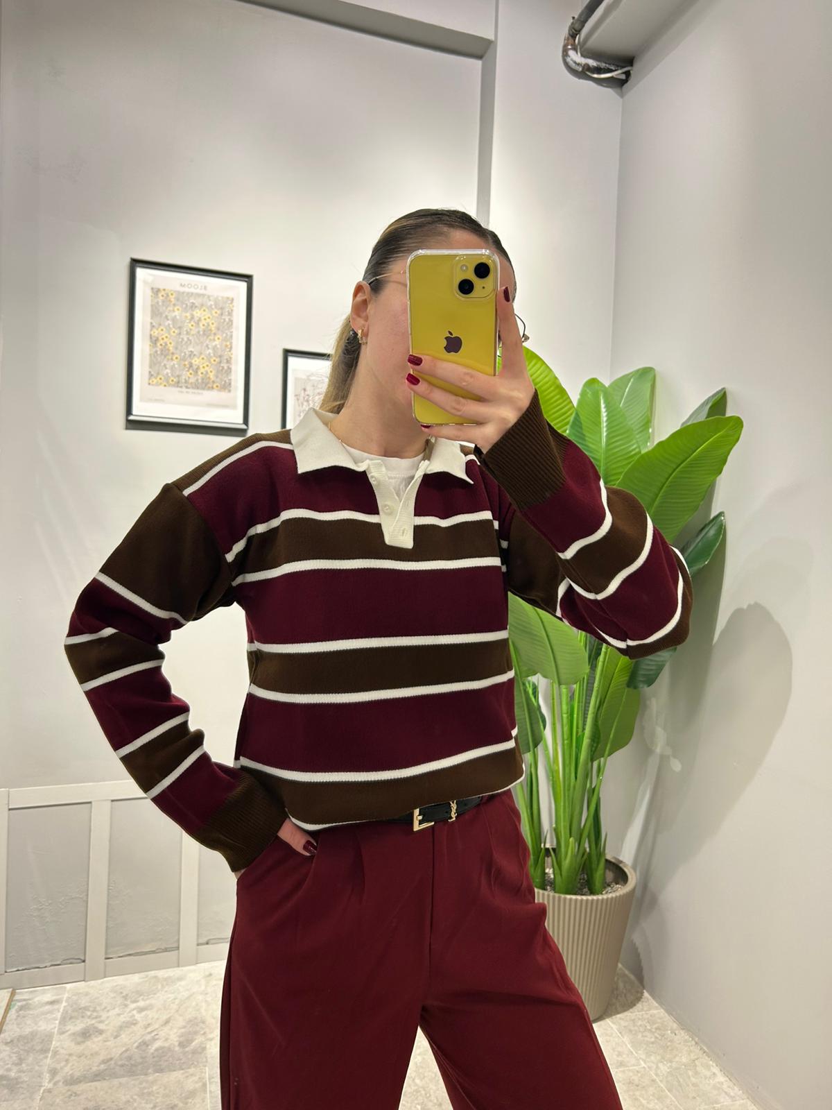 POLO YAKA ÇİZGİLİ KAZAK - Bordo main variant image