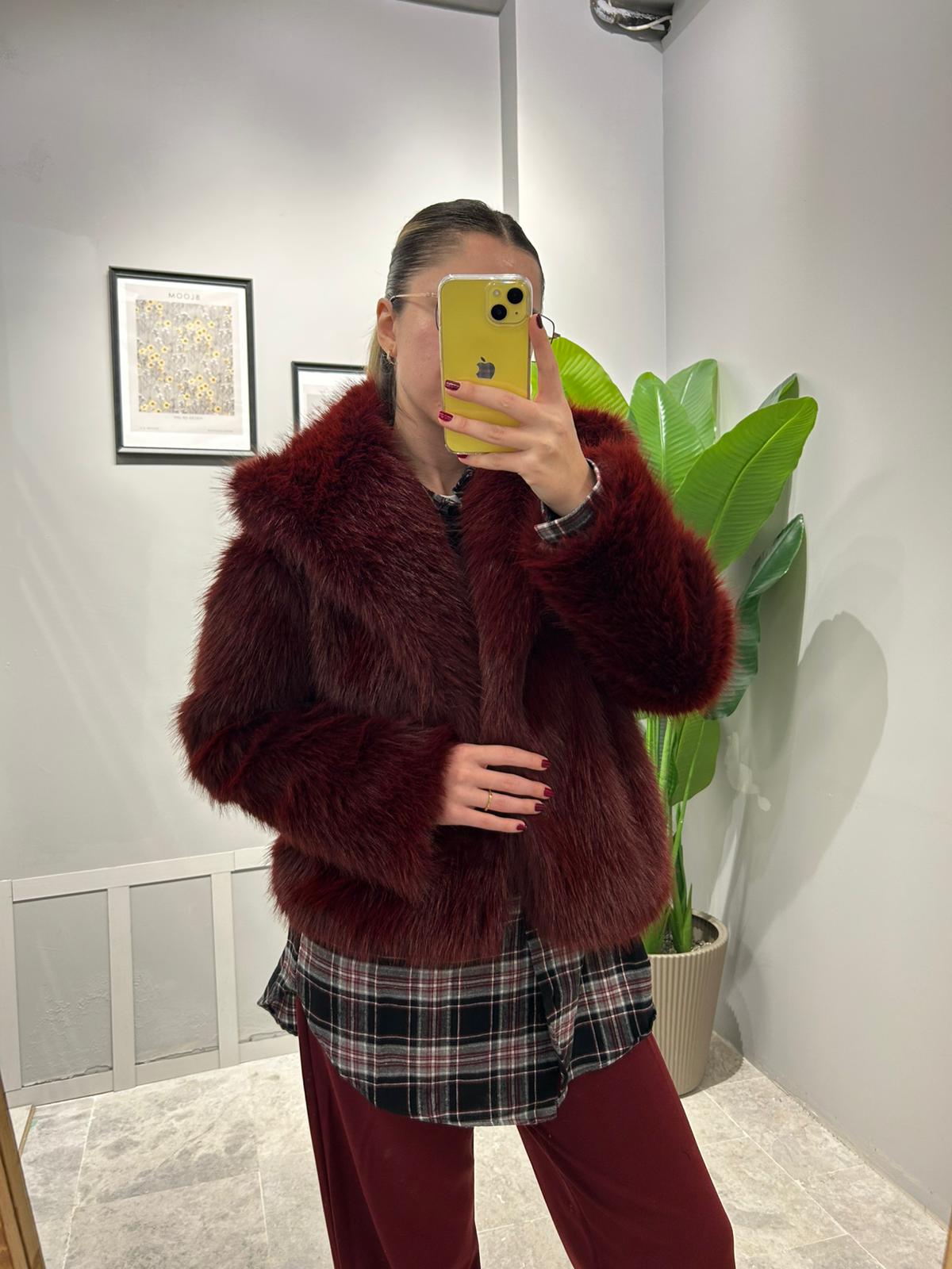 PREMİUM GENİŞ YAKA SUNİ KÜRK CEKET - Bordo main variant image