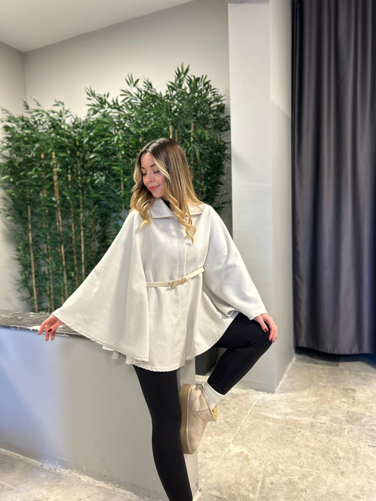 KEMERLİ KAŞE PANÇO - Krem image