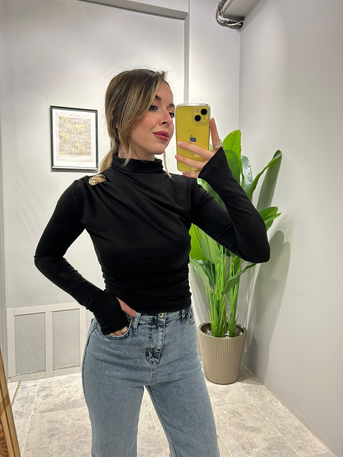 GOLD DETAYLI BALIKÇI YAKA BÜZGÜLÜ BODY - Siyah image