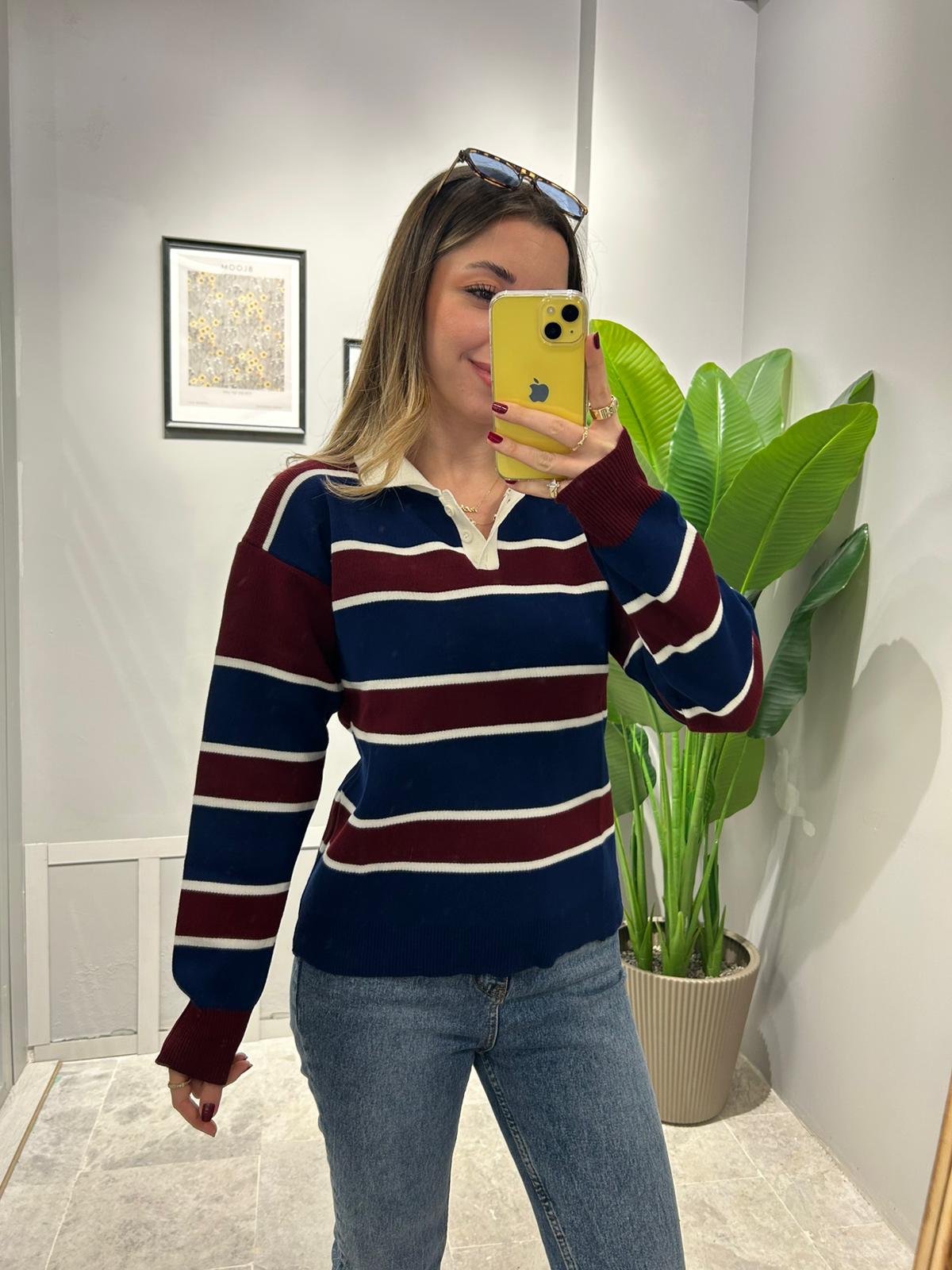 POLO YAKA ÇİZGİLİ KAZAK - Lacivert main variant image