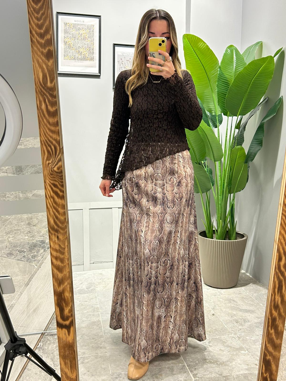 DESENLİ SATEN ETEK - Kahverengi image