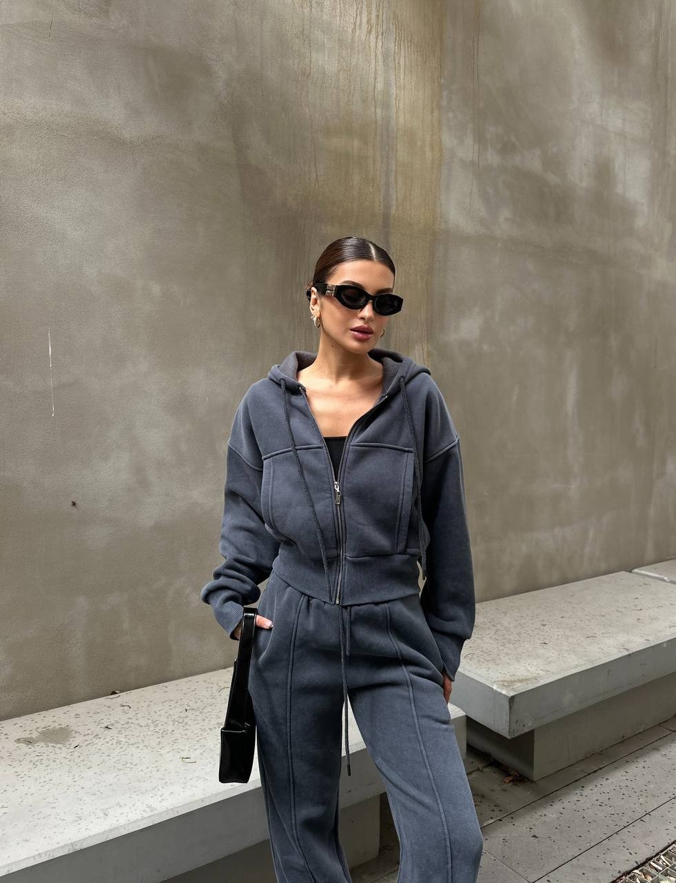 OVERSIZE KAPŞONLU CROP HIRKA EŞOFMAN TAKIM - GRİ
