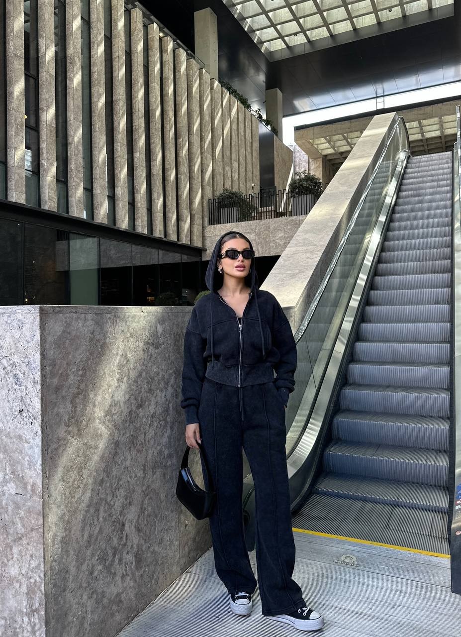 OVERSIZE KAPŞONLU CROP HIRKA EŞOFMAN TAKIM - SİYAH
