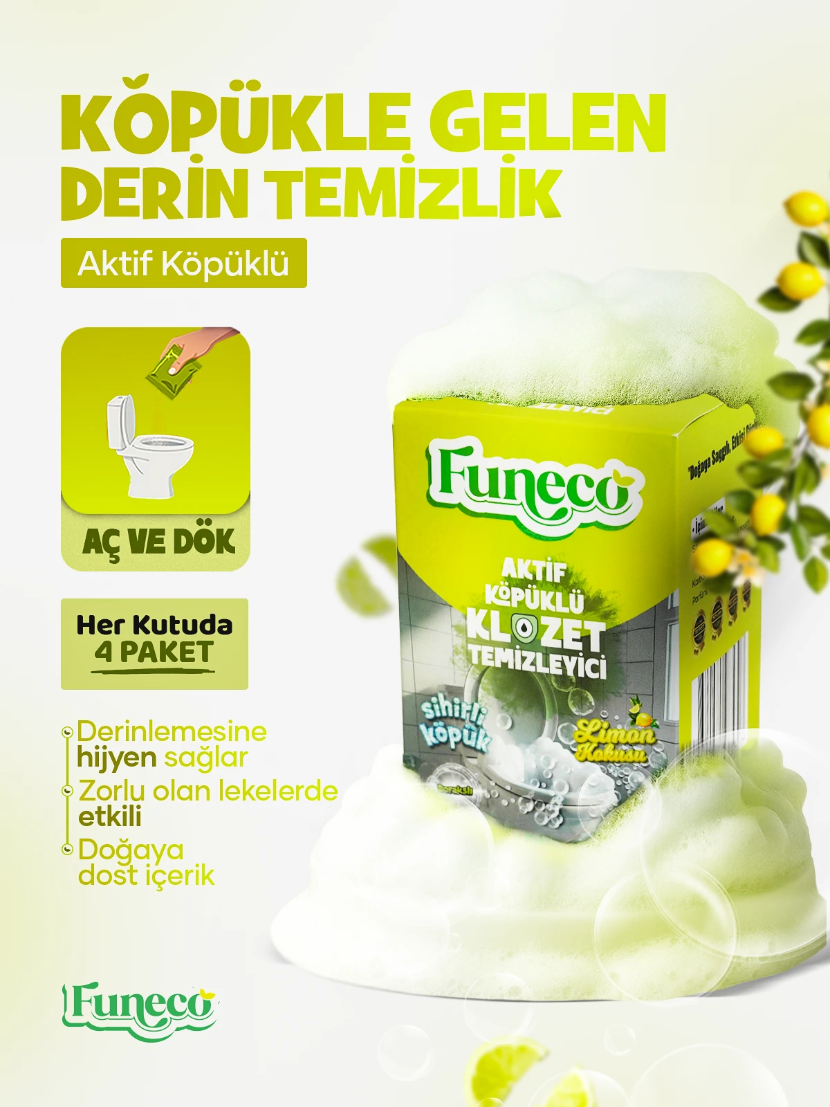 Klozet Tuvalet WC Temizleyici, Aktif Köpüklü, Ekolojik Doğa Dostu, Limon Ferahlığı, Aylık Paket