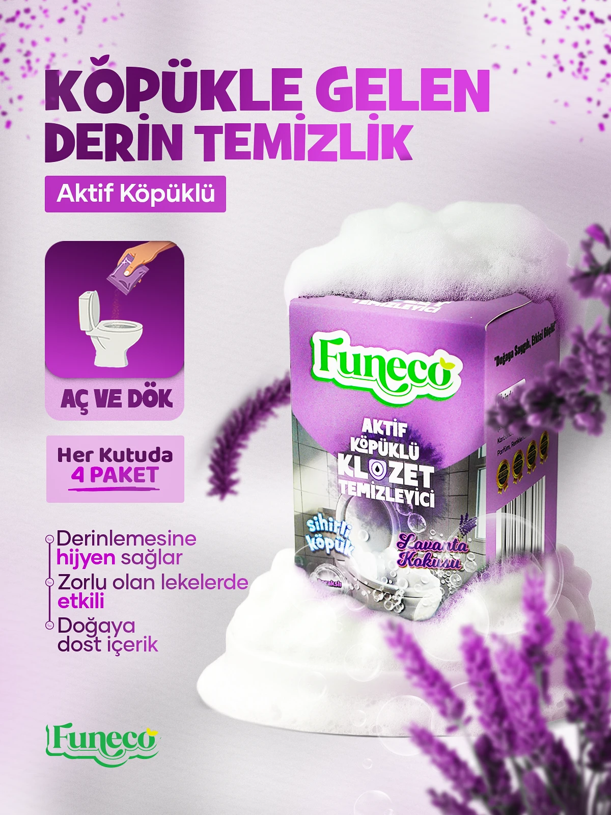 Klozet Tuvalet WC Temizleyici, Aktif Köpüklü, Ekolojik Doğa Dostu, Lavanta Ferahlığı, Aylık Paket