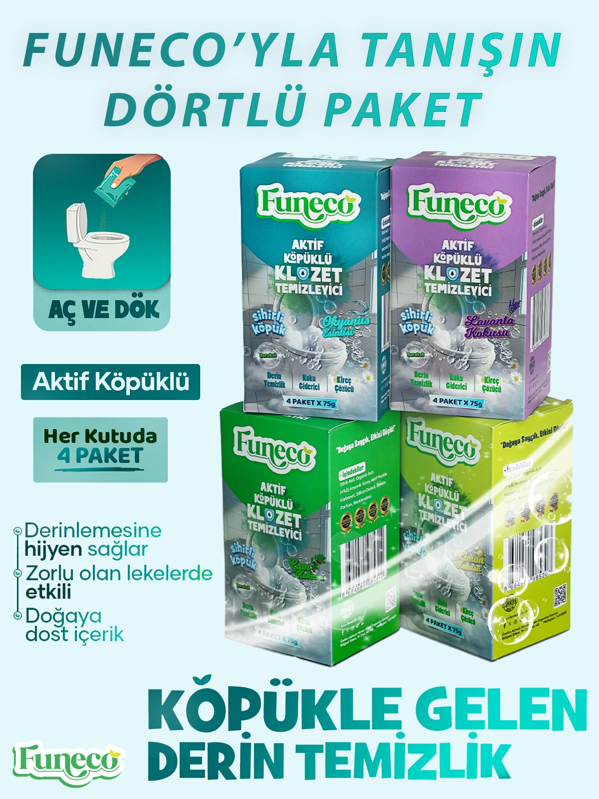 Klozet WC Temizleyici 4'lü Set – 6 Adet - Köpüklü & Doğa Dostu – 4 Farklı Koku Bir Arada
