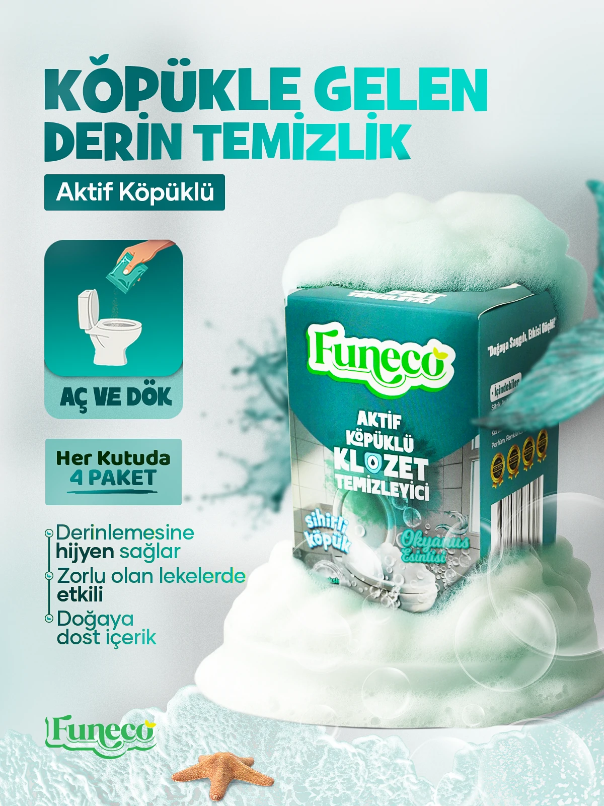Klozet Tuvalet WC Temizleyici, Aktif Köpüklü, Ekolojik Doğa Dostu, Okyanus Ferahlığı, Aylık Paket