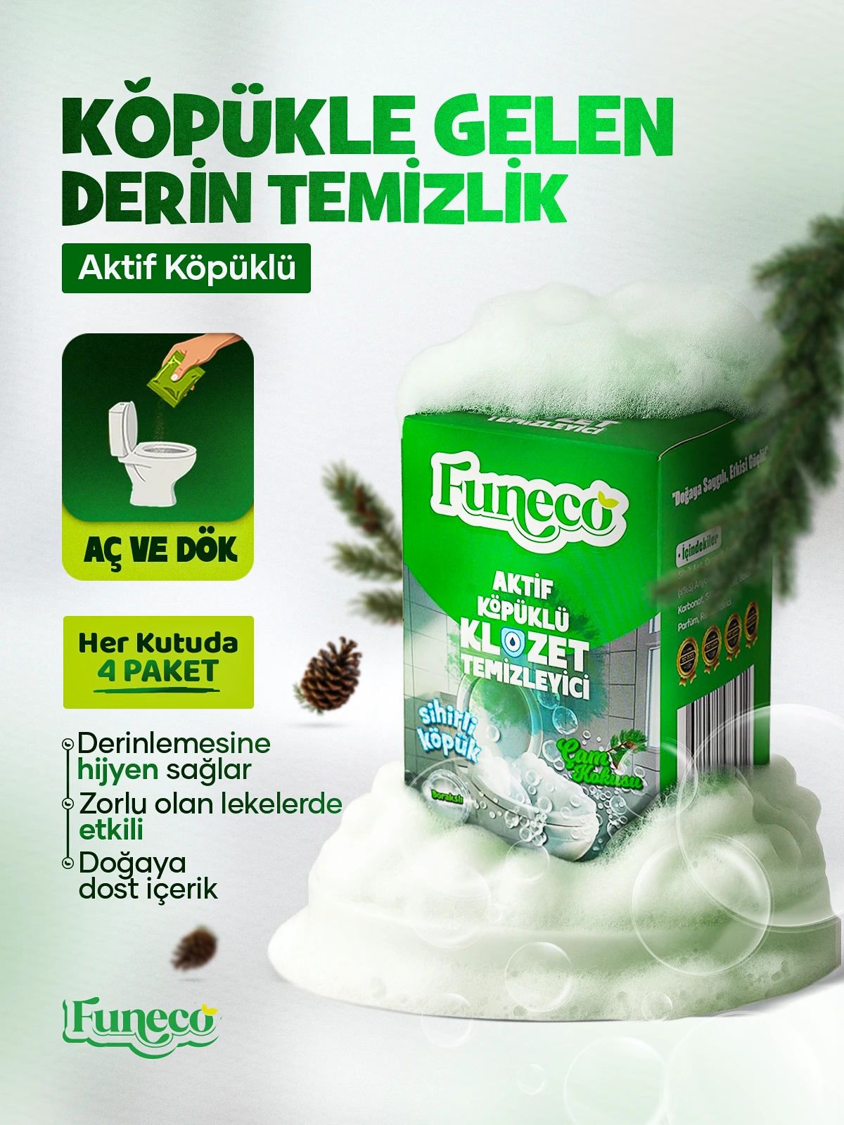 FUNECO Klozet Tuvalet WC Temizleyici, Aktif Köpüklü, Ekolojik Doğa Dostu, Çam Ferahlığı, Aylık Paket